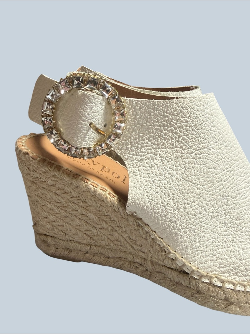 Maypol Made in Spain White Espadrille Wedge Sandals with Rhinestone Buckle - Picture 4 of 16